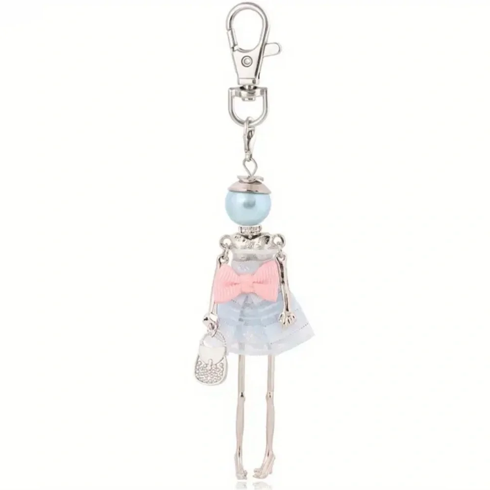 Chic Bling Charming Silver, Blue, and Pink Parisienne Doll Bag Charm Keychain